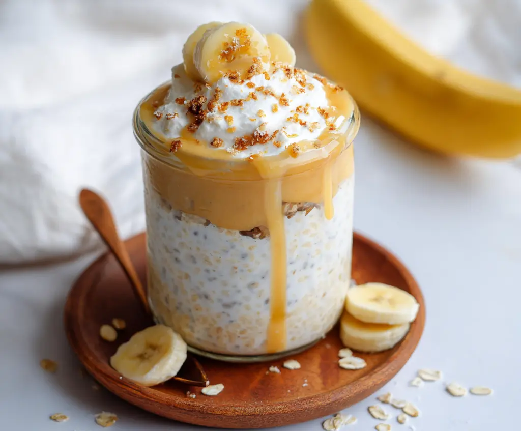 Creamy Banana Cream Pie Protein Overnight Oats in a glass jar with fresh bananas and whipped toppings.