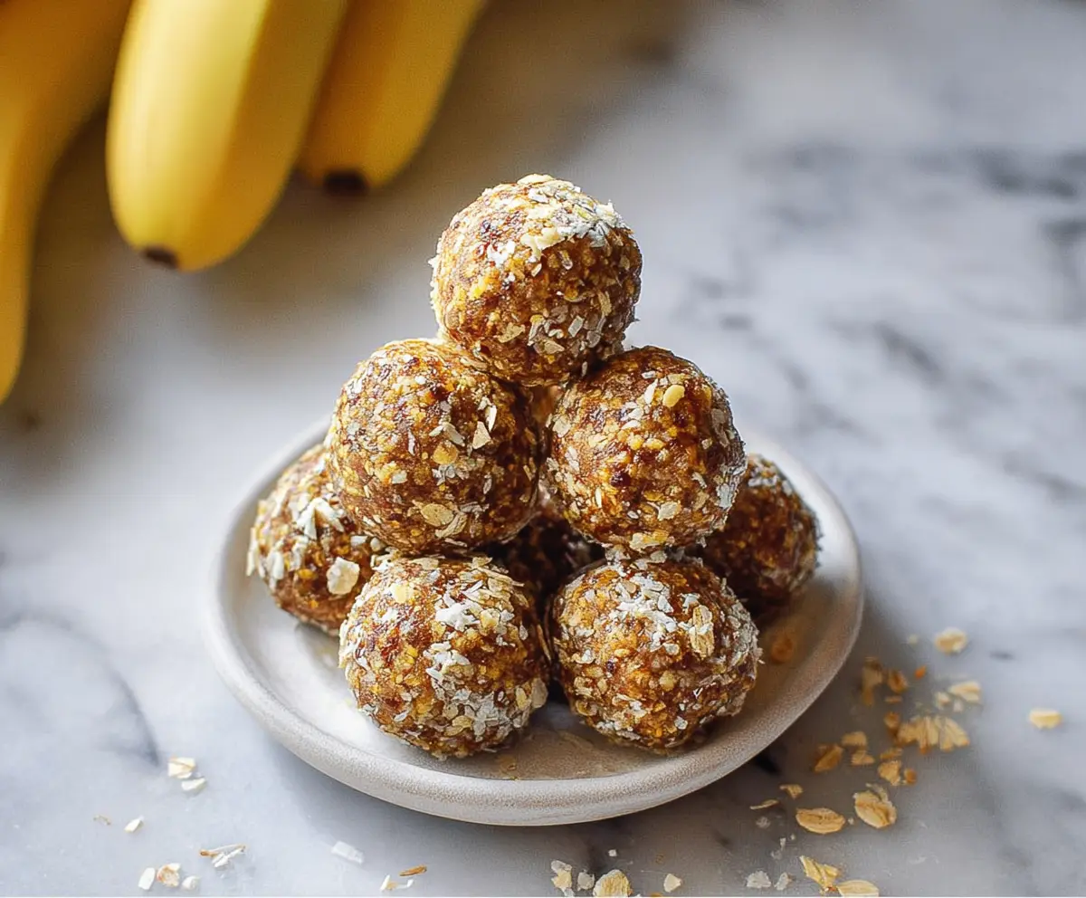 Healthy banana energy balls made with oats, honey, and chia seeds in a close-up shot.