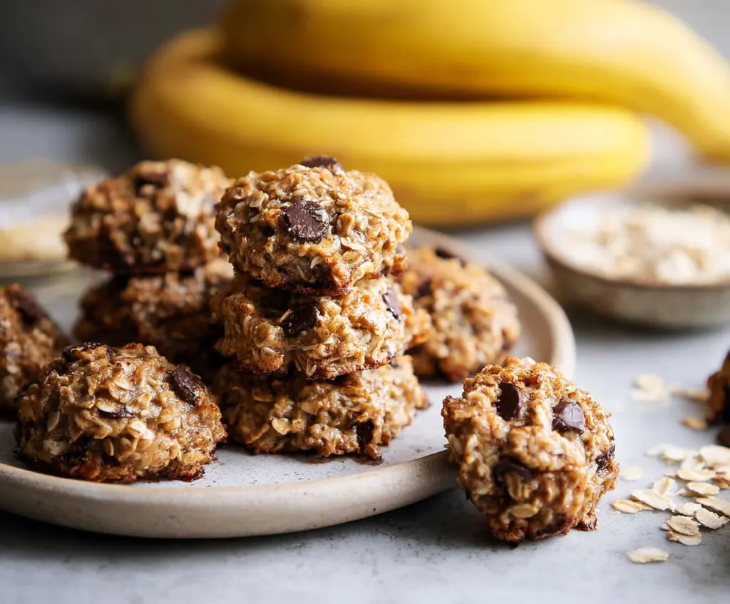 Homemade banana oatmeal breakfast cookies on a plate, healthy snack idea