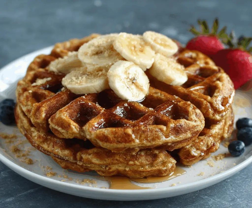 Delicious homemade banana oatmeal waffles with fresh slices on top, perfect for breakfast or brunch.