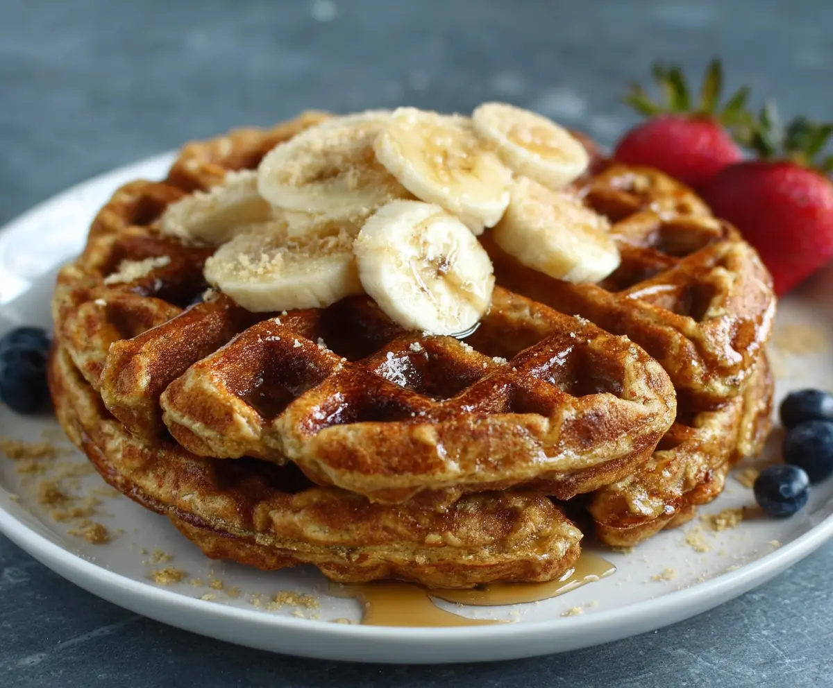 Delicious homemade banana oatmeal waffles with fresh slices on top, perfect for breakfast or brunch.