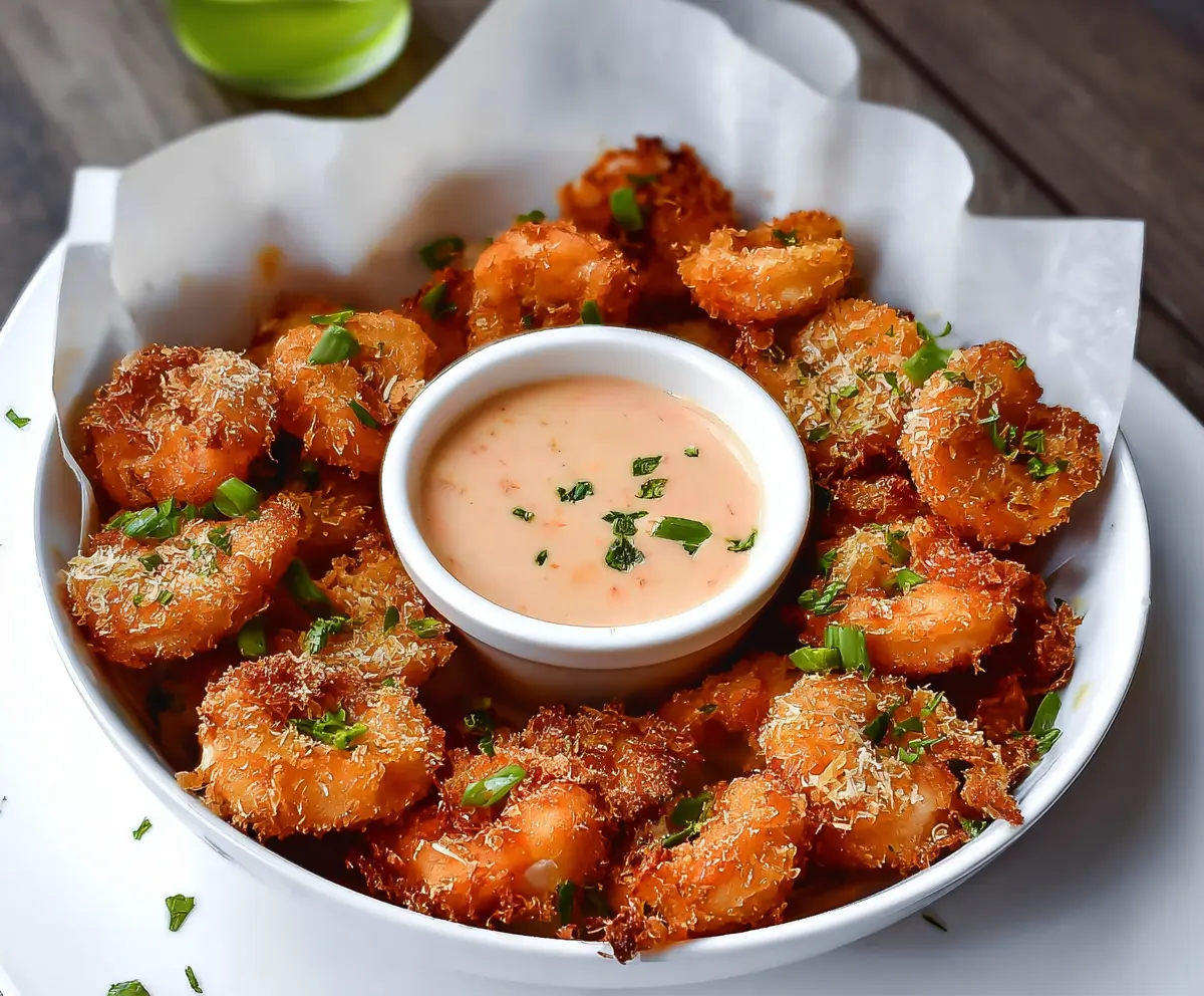 Crispy Bang Bang Shrimp Bites served with dipping sauce on a white plate