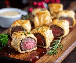 Delicious Beef Wellington Bites with flaky pastry and tender beef filling ready to serve.