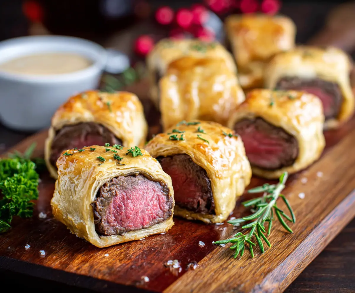 Delicious Beef Wellington Bites with flaky pastry and tender beef filling ready to serve.