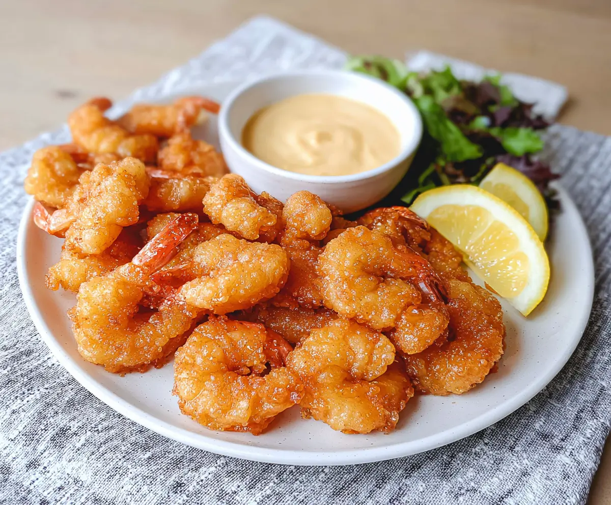 Crispy beer batter fried shrimp served with lemon and dipping sauce on a plate