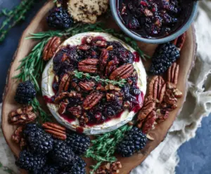 Delicious Blackberry Compote Spicy Pecan Baked Brie served on a platter with fresh herbs