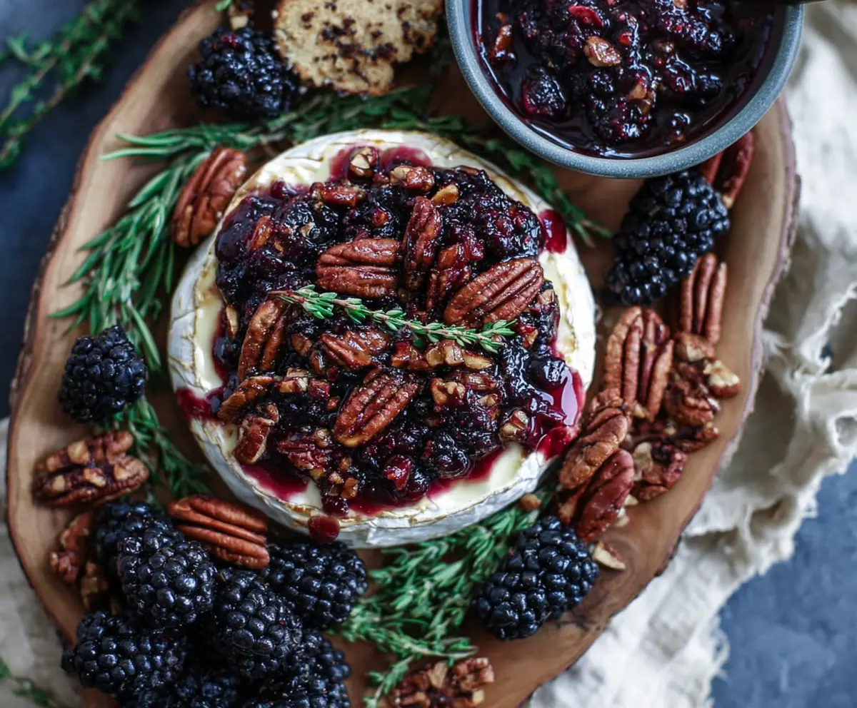 Delicious Blackberry Compote Spicy Pecan Baked Brie served on a platter with fresh herbs