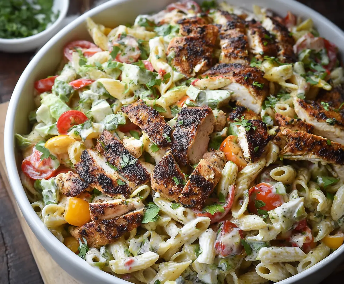 Delicious blackened chicken pasta salad with fresh vegetables and herbs, perfect for a summer meal.