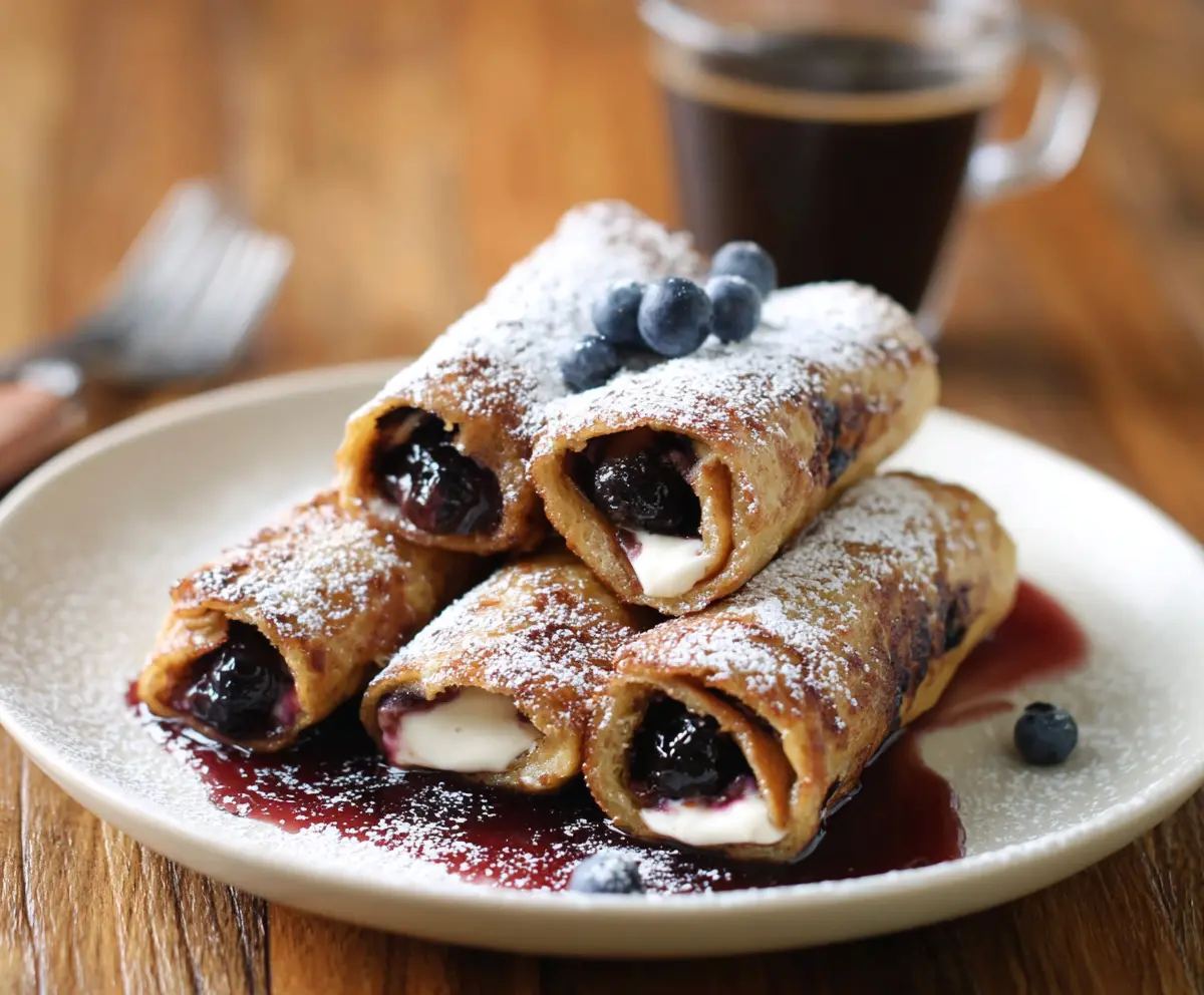 Delicious Blueberry French Toast Roll Ups topped with fresh blueberries and powdered sugar.
