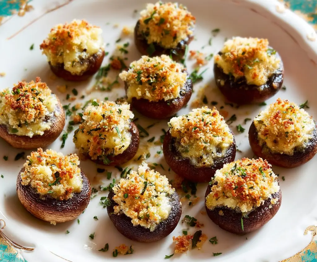 Delicious Brie stuffed mushrooms garnished with fresh herbs, perfect for appetizer or party snack.