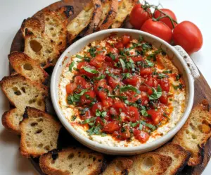Creamy bruschetta dip with chopped tomatoes, basil, and mozzarella served with toasted baguette slices.