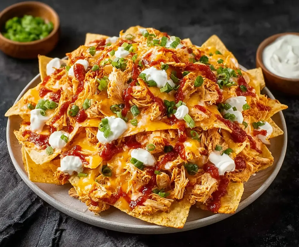Delicious Buffalo Chicken Nachos topped with melted cheese, jalapenos, and fresh cilantro.
