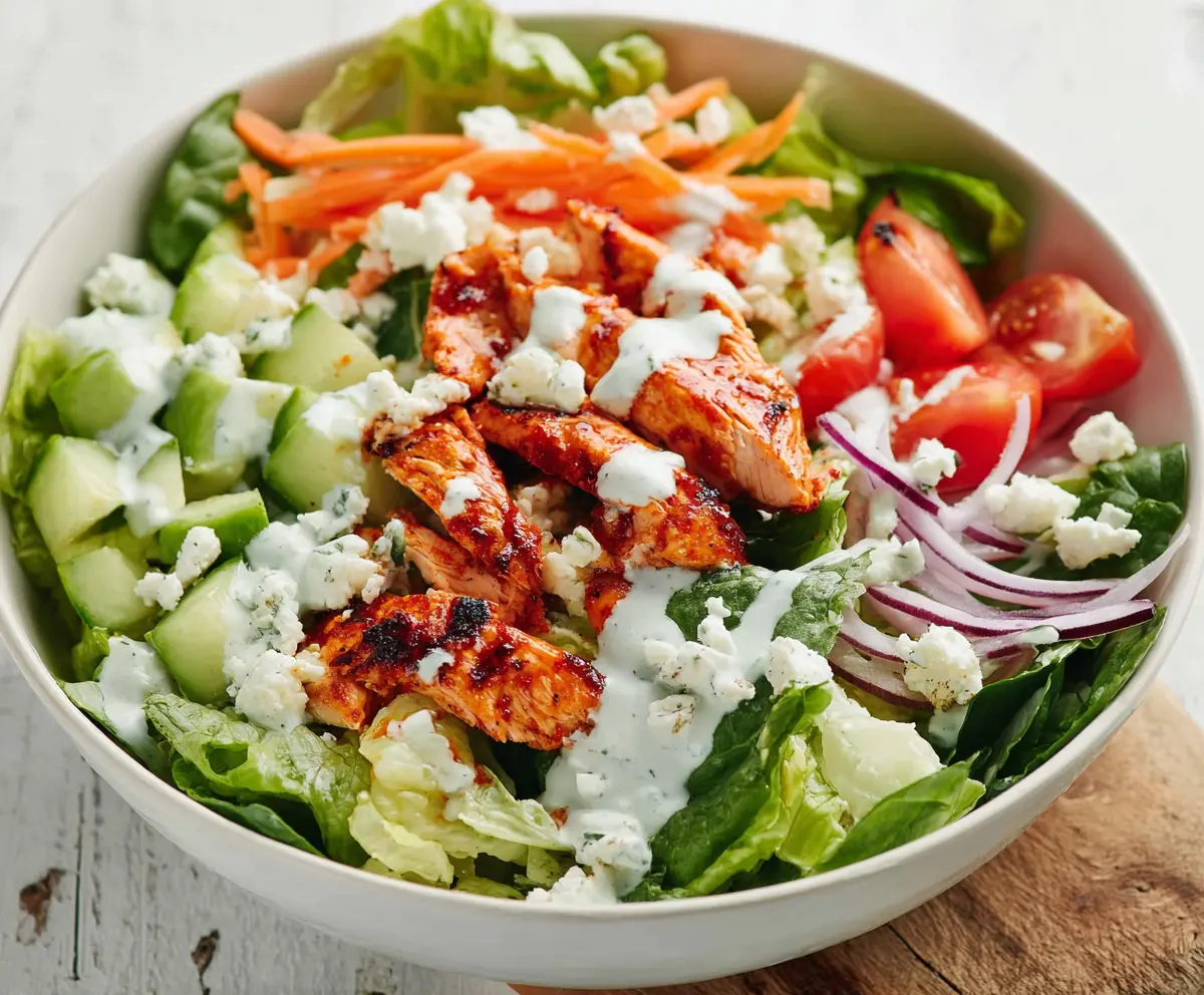 Creamy Buffalo Chicken Salad with fresh celery and blue cheese crumbles served in a bowl.