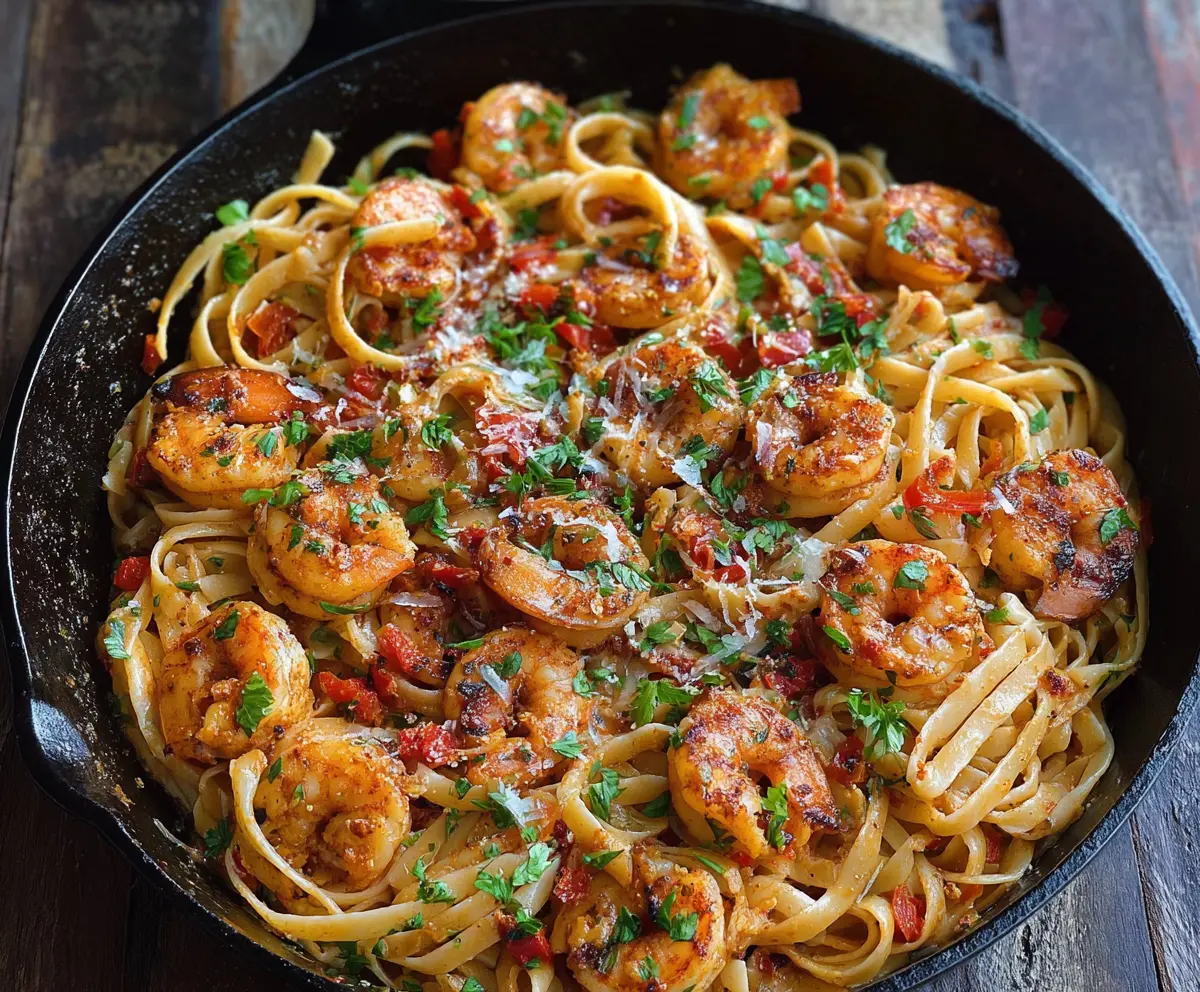 Delicious Cajun Shrimp Pasta with spicy seasonings and creamy sauce on a plate.