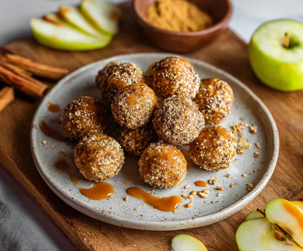 Healthy caramel apple protein bites with crunchy toppings and a golden caramel drizzle