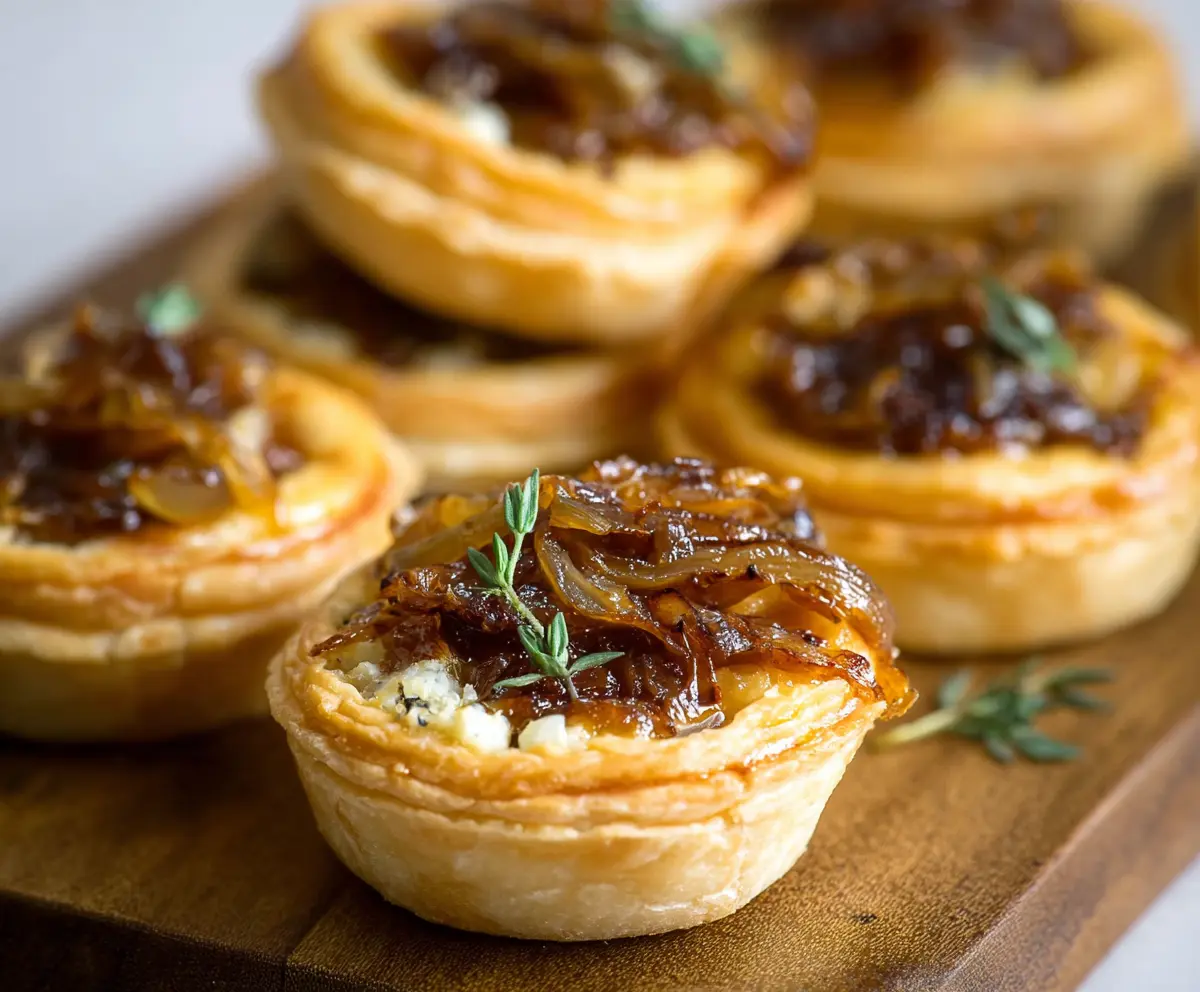 Delicious caramelized onion tartlets garnished with fresh herbs on a rustic plate.