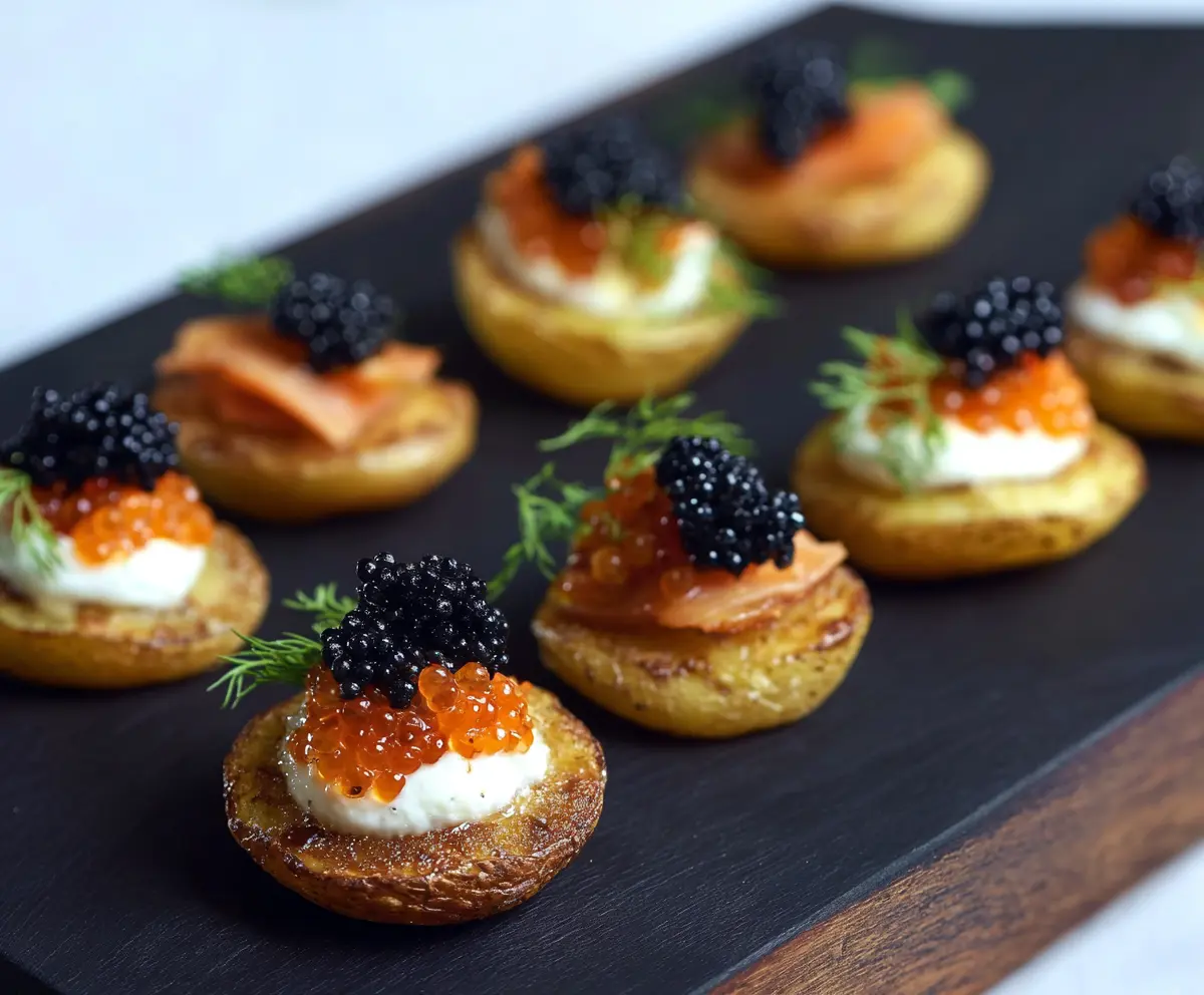 Delicious Caviar Potato Bites garnished with fresh herbs on a elegant serving platter.