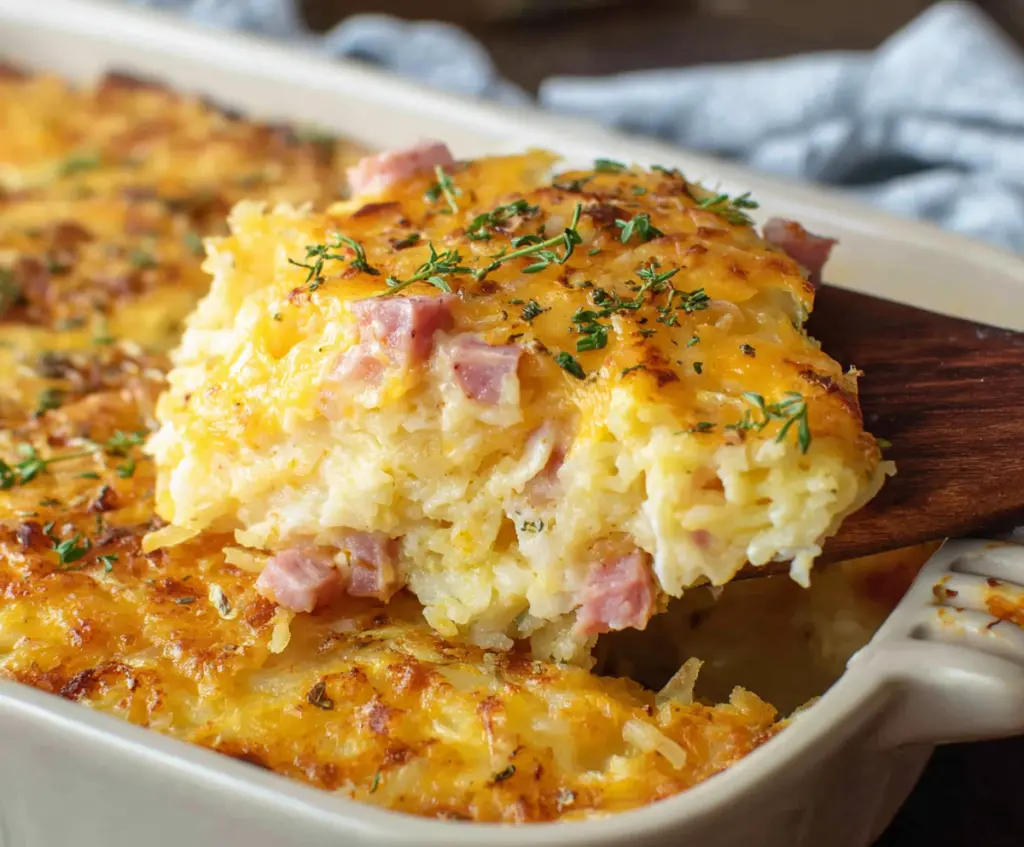 Delicious cheesy ham hashbrown casserole in a baking dish, topped with melted cheese and crispy bacon.