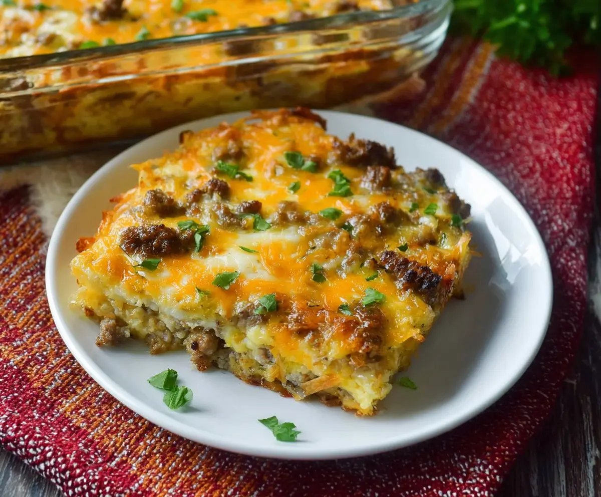 Delicious cheesy sausage and hashbrown breakfast casserole in a baking dish