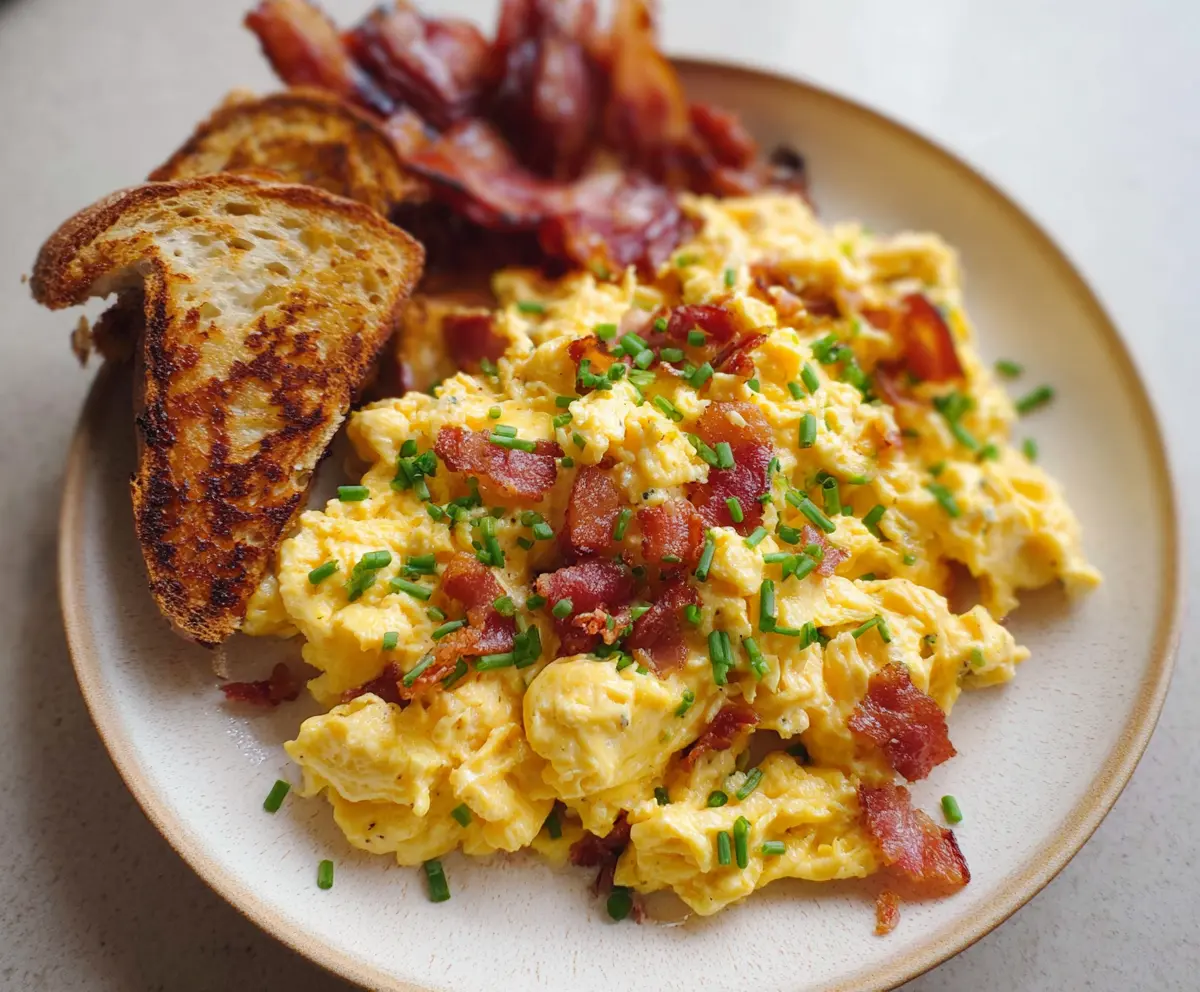 Delicious cheesy scrambled eggs with crispy bacon on a plate, perfect for breakfast or brunch.