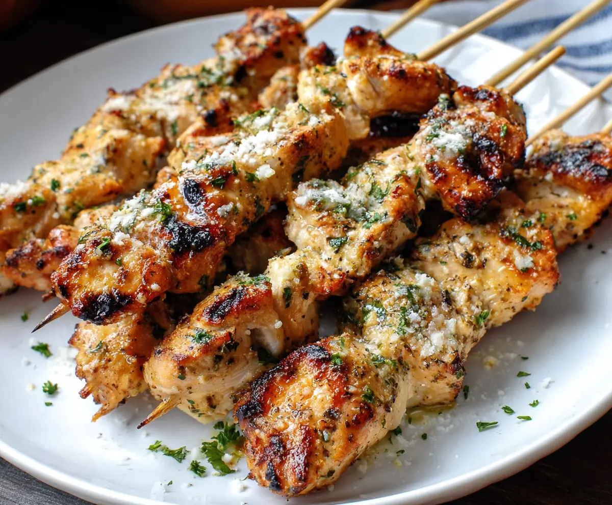 Grilled chicken skewers topped with garlic and Parmesan cheese on a serving plate.