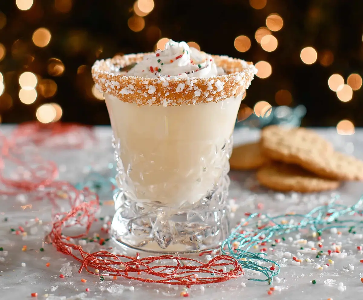 Festive Christmas Cookie Cocktail glass garnished with colorful sprinkles and a candy cane, perfect for holiday celebrations.