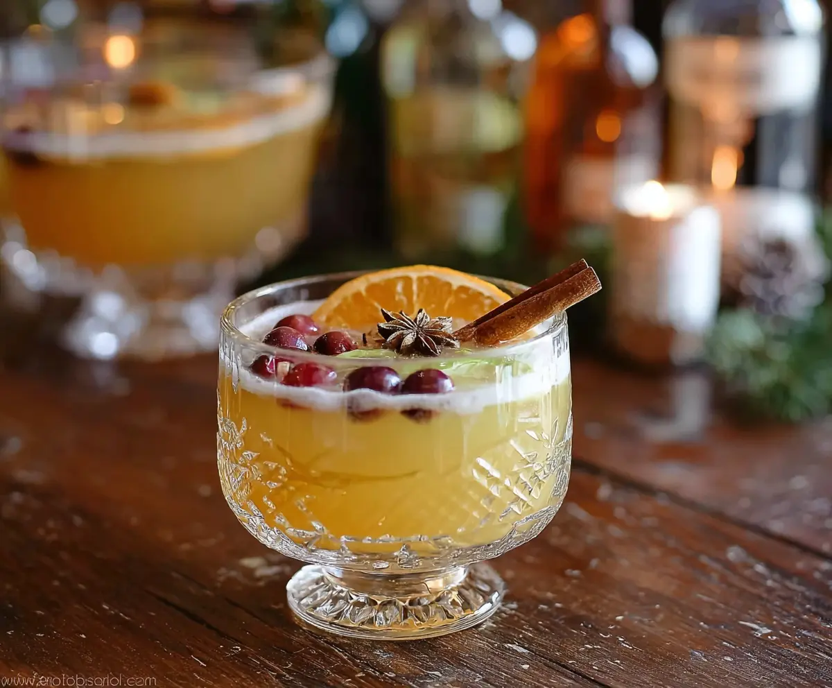 Festive Christmas Spiced Gin Punch in a glass, garnished with cinnamon sticks and orange slices.