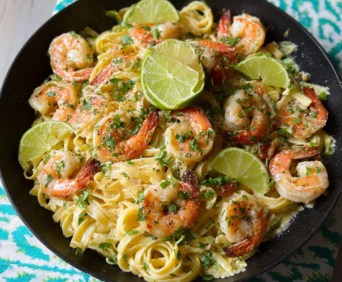 Delicious Cilantro Lime Shrimp Pasta garnished with fresh cilantro and lime slices.