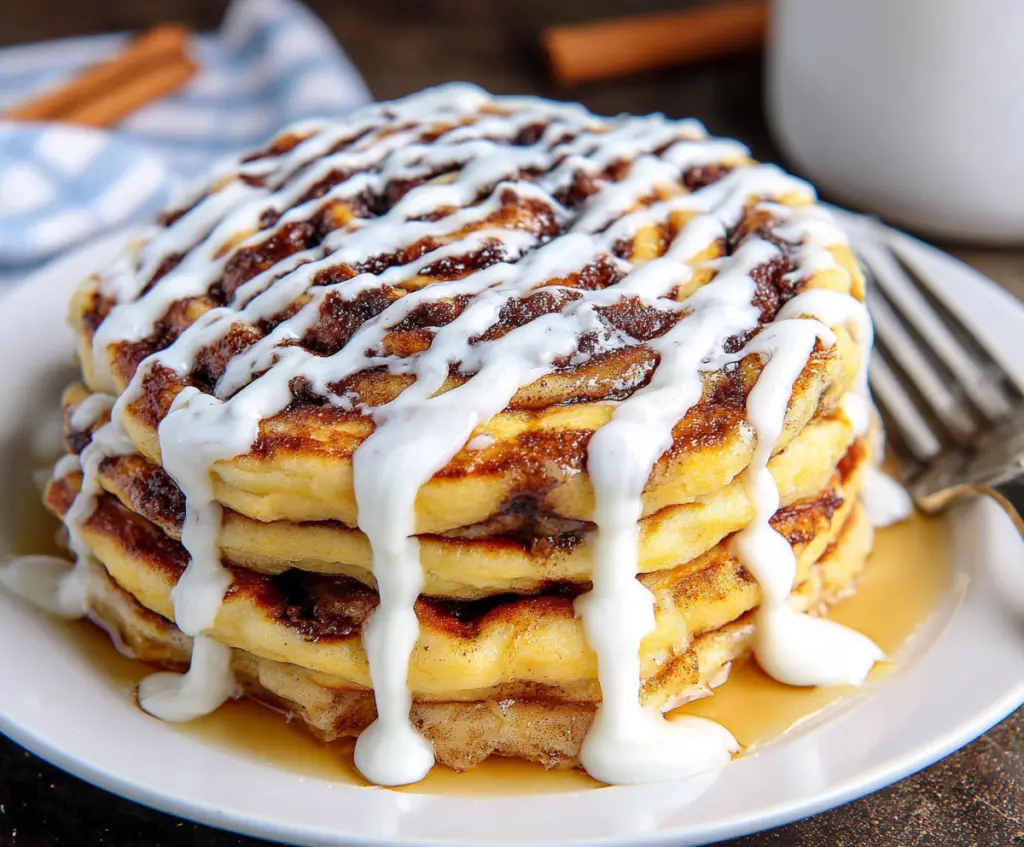 Delicious cinnamon roll pancakes topped with icing and cinnamon for a sweet breakfast treat.
