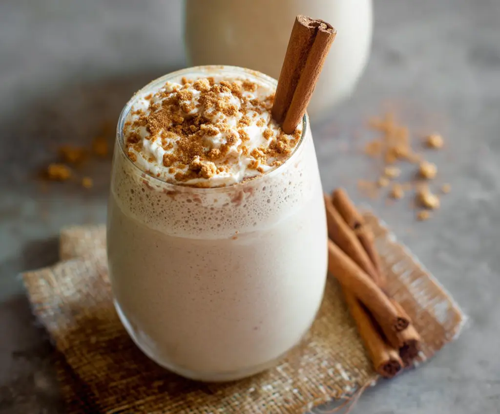 Creamy cinnamon roll protein shake in a glass, decorated with cinnamon and whipped cream, perfect for a healthy breakfast.