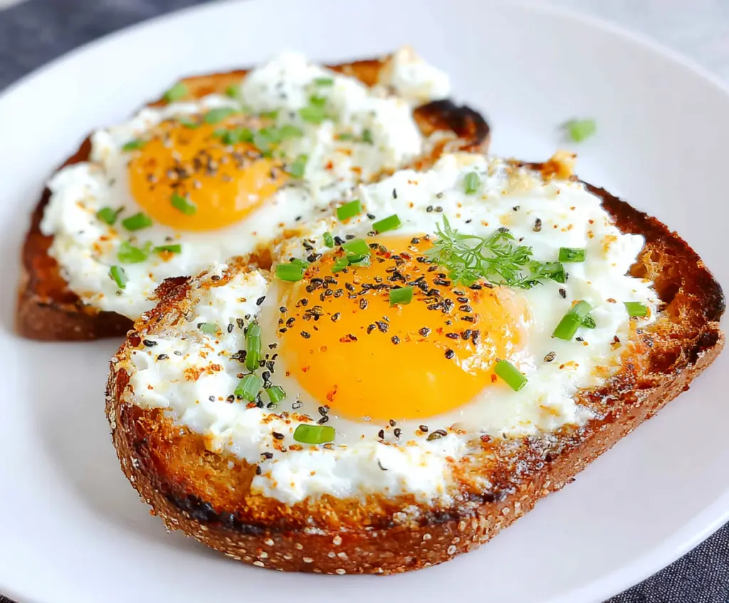 Delicious cottage cheese egg toast topped with fresh herbs on a breakfast plate