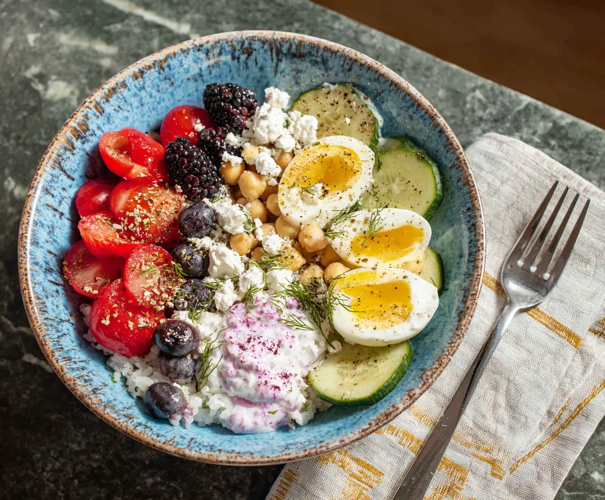 Healthy Cottage Cheese Protein Bowl with fresh fruits and nuts for a nutritious snack