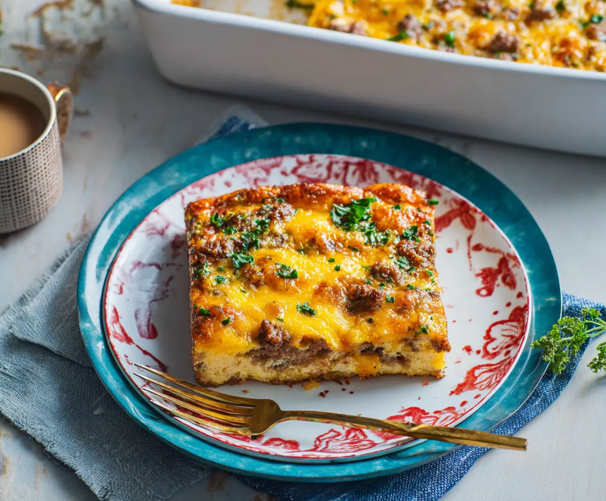 Hearty cowboy breakfast casserole with eggs, sausage, and cheesy toppings in a baking dish.