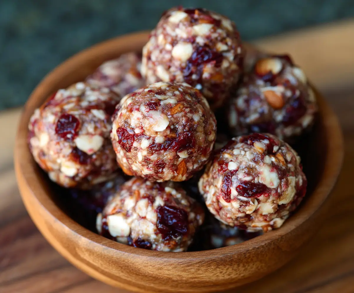 Healthy Cranberry Almond Energy Bites on a white plate, featuring fresh cranberries and sliced almonds.