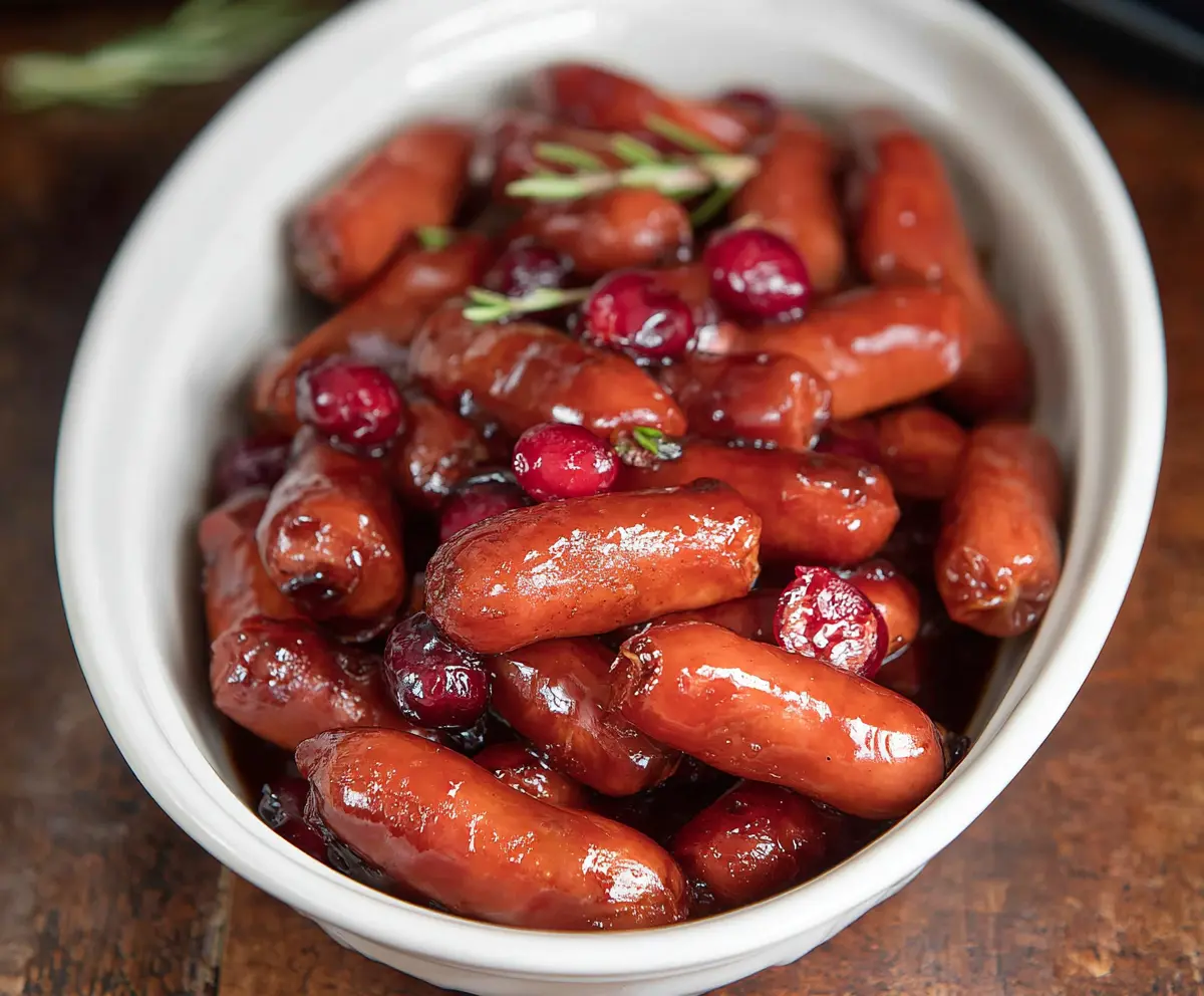 Delicious Cranberry BBQ Little Smokies served on a platter, perfect for parties and gatherings.