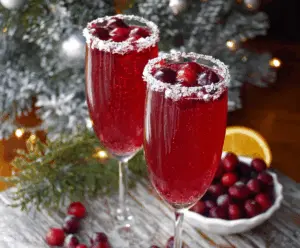 Festive cranberry Christmas mimosa in a glass with fresh cranberries and holiday decorations