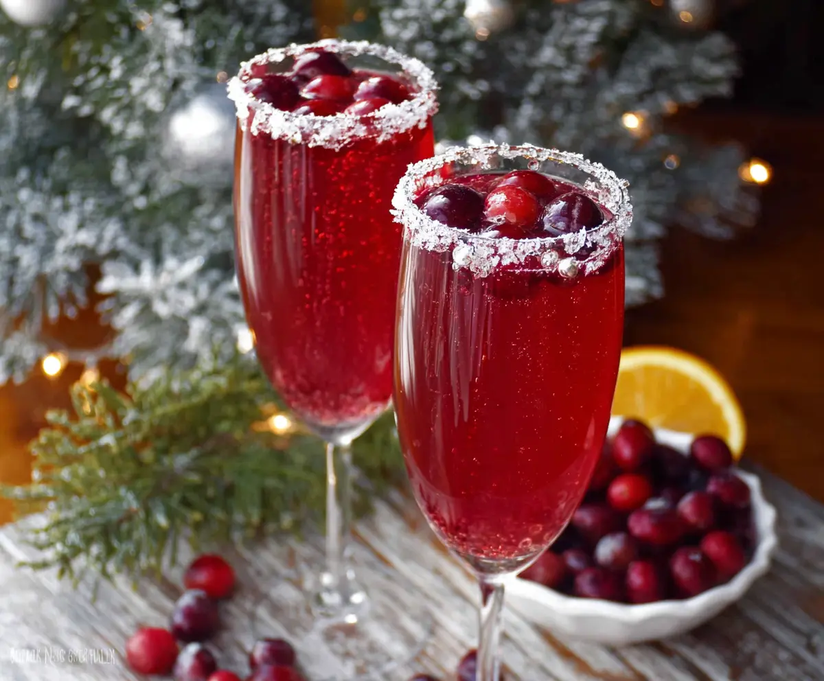 Festive cranberry Christmas mimosa in a glass with fresh cranberries and holiday decorations