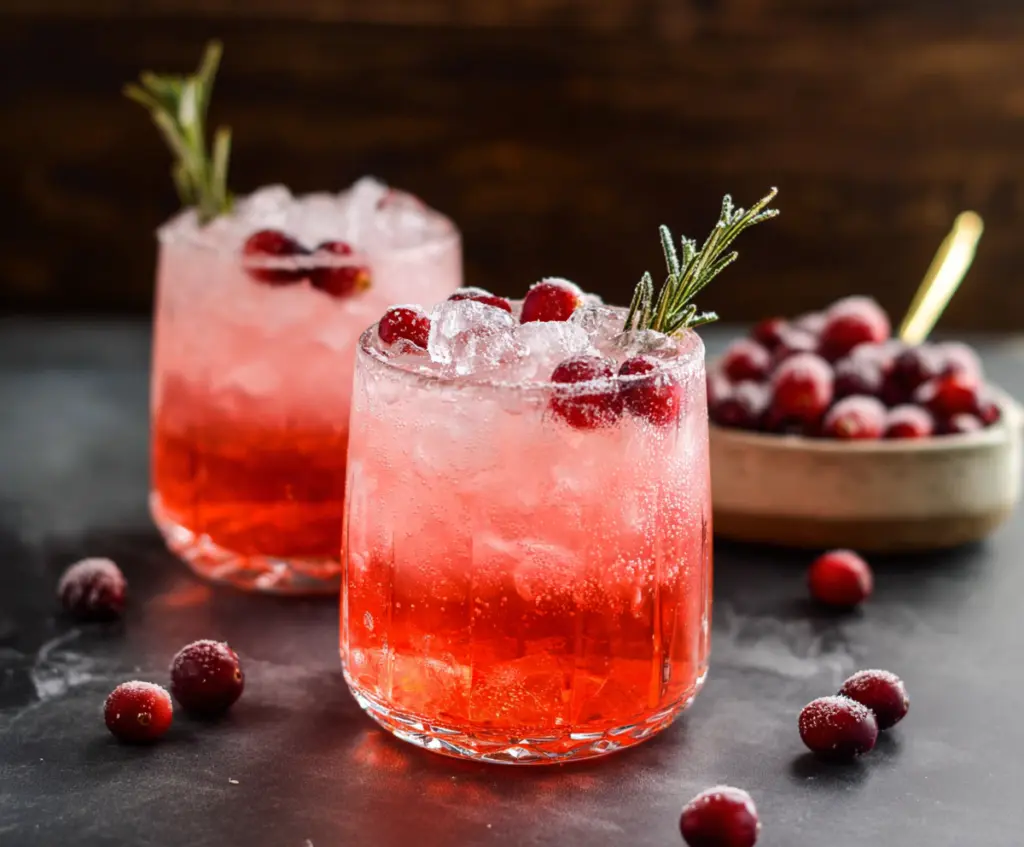 Refreshing Cranberry Gin Fizz cocktail garnished with fresh cranberries and lime slice in a clear glass.