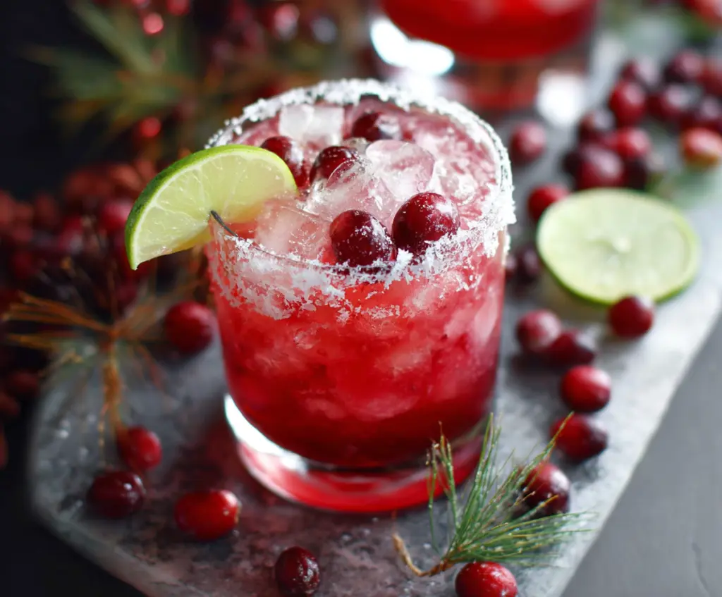 Bright and tangy Cranberry Margarita cocktail garnished with fresh cranberries and lime on a festive background.