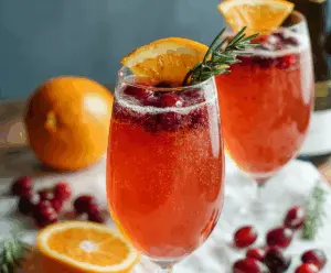 Refreshing Cranberry Orange Prosecco Cocktail in a elegant glass with fresh cranberries and orange slices