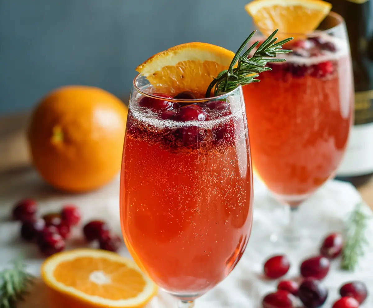 Refreshing Cranberry Orange Prosecco Cocktail in a elegant glass with fresh cranberries and orange slices