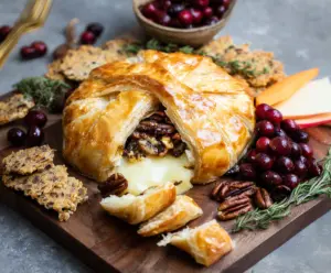 Delicious cranberry pecan brie wrapped in flaky puff pastry, perfect for holiday appetizers.