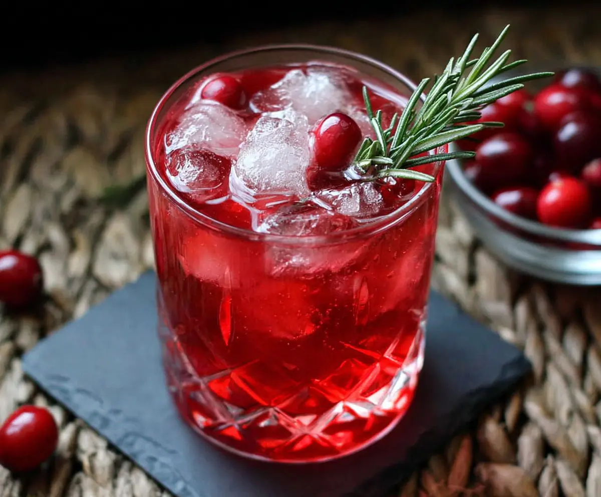 A vibrant cranberry rosemary vodka cocktail garnished with fresh cranberries and rosemary sprigs.