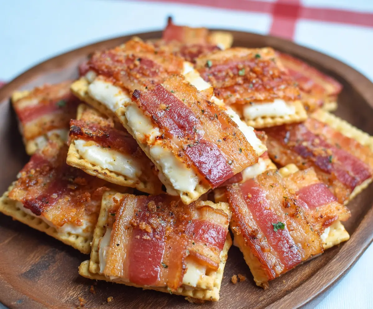Delicious cream cheese bacon crackers on a serving plate, perfect for appetizers.