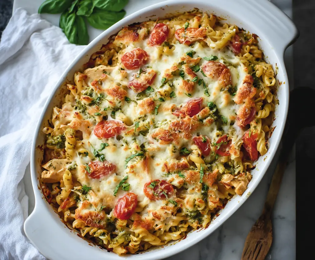 Creamy Basil Pesto Chicken Pasta Bake in a oven-safe dish with melted cheese and fresh basil garnish
