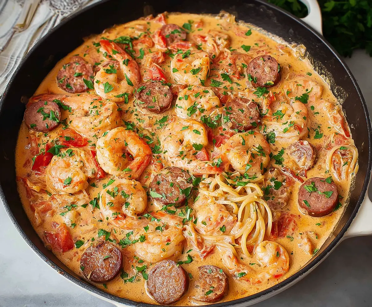 Delicious creamy Cajun shrimp and sausage dish served on a plate with colorful vegetables