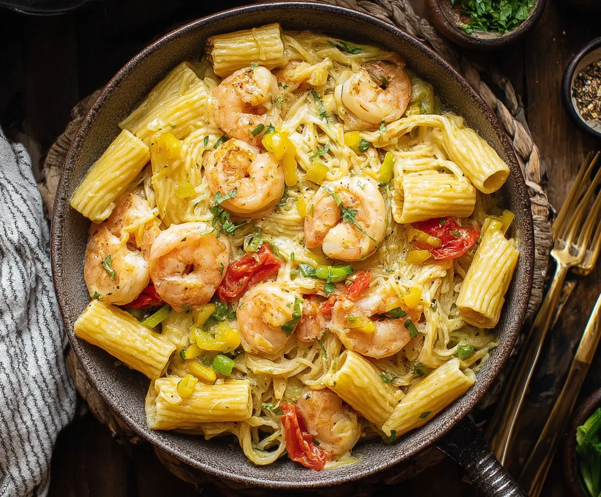 Creamy Jamaican Shrimp Rasta Pasta served on a plate with colorful vegetables