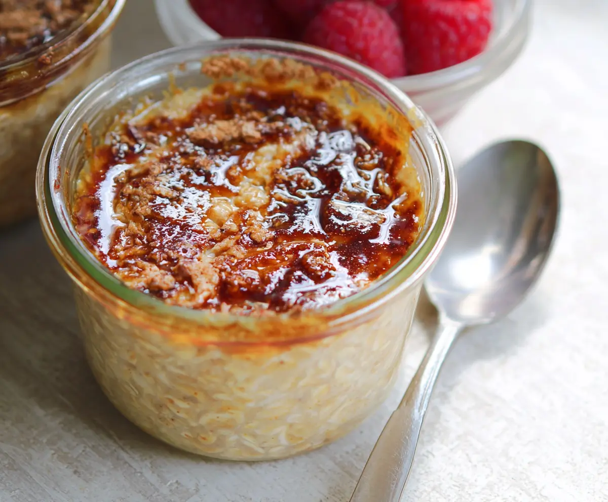 Creamy Crème Brûlée Overnight Oats topped with caramelized sugar and vanilla bean for a decadent breakfast.