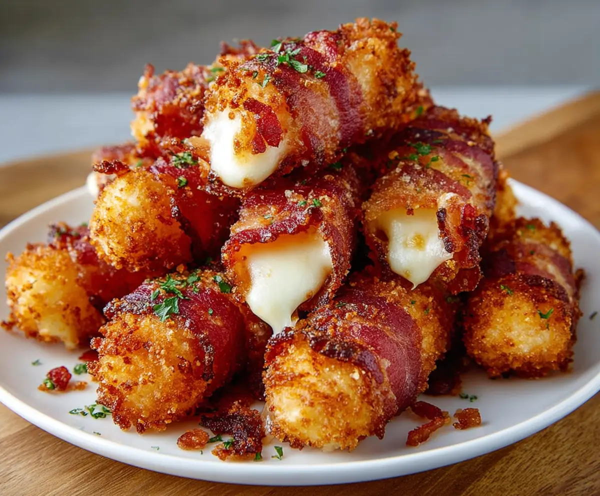 Crispy bacon-wrapped mozzarella cheese poppers on a plate, perfect for appetizers and parties.