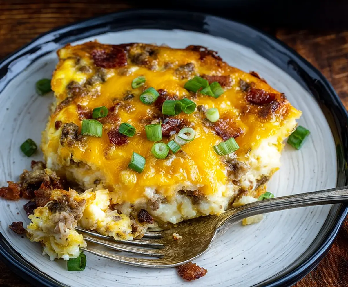 Delicious crockpot breakfast casserole with eggs, cheese, sausage, and vegetables for a hearty morning meal.